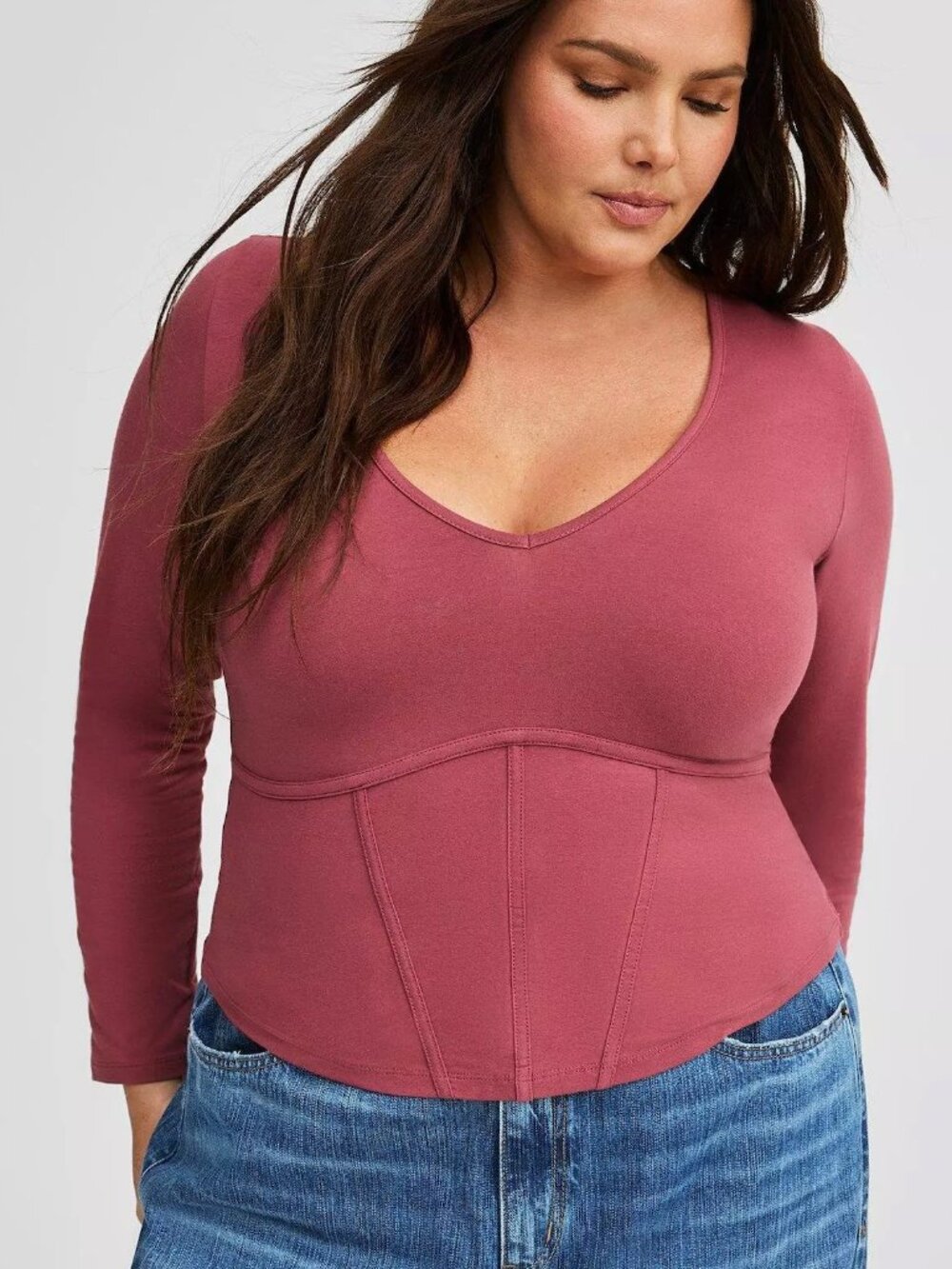 NEW NWT TORRID 3 Plus Size Foxy V-Neck Corset Top Mauve Pink Long Sleeve Sexy